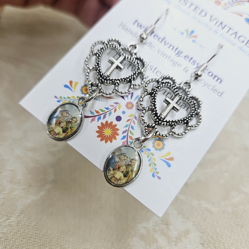 Sacred Holy Family Cross in Heart Religious Earrings, Christian Catholic Jewelry - Picture 3 of 4